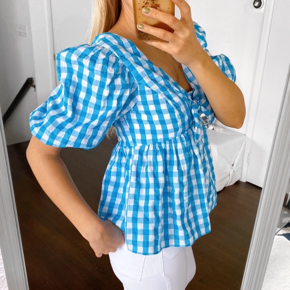 🐬 LILLY PULITZER SARAFINA TURQUOISE OASIS CRINKLE GINGHAM SHORT SLEEVE TOP! - Picture 3 of 15